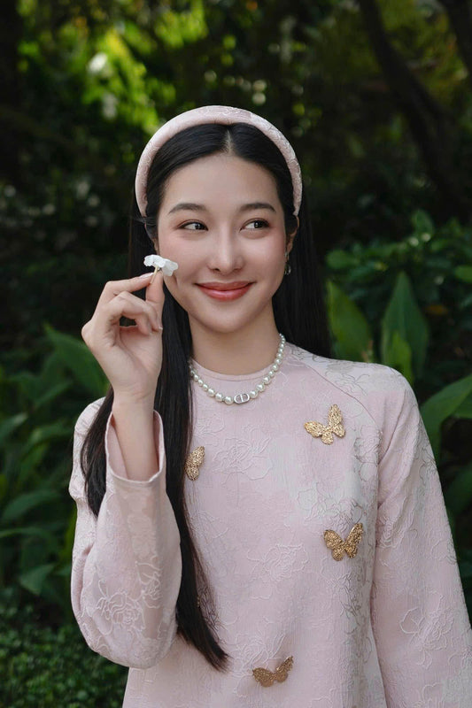 T412 only áo - Áo dài dáng suông gấm châu sa hồng đính charm