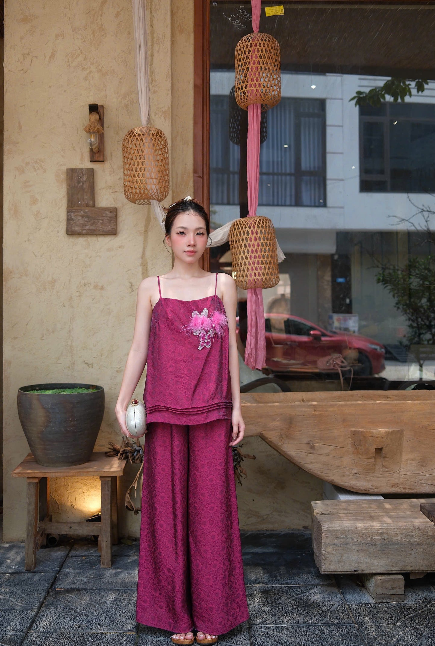 Y56 - Set đồ bộ 2 dây thêu lông vũ
