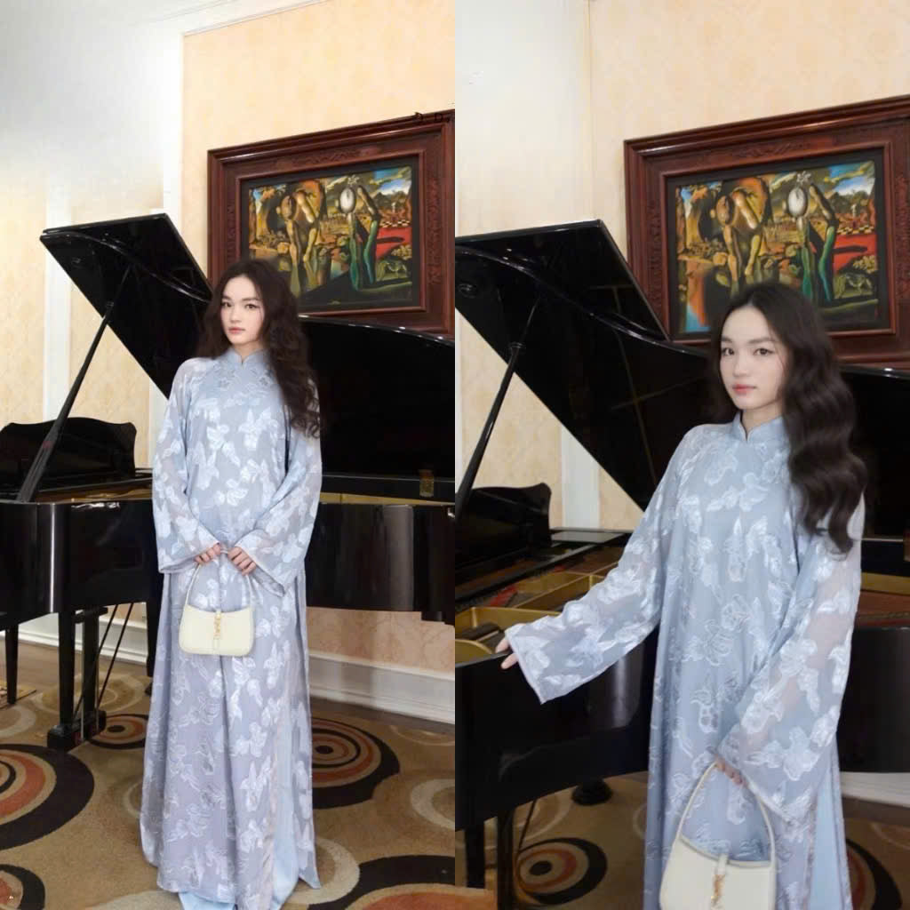 K12 Áo only no pants - Áo dài dáng suông 4 tà tơ silk màu xanh