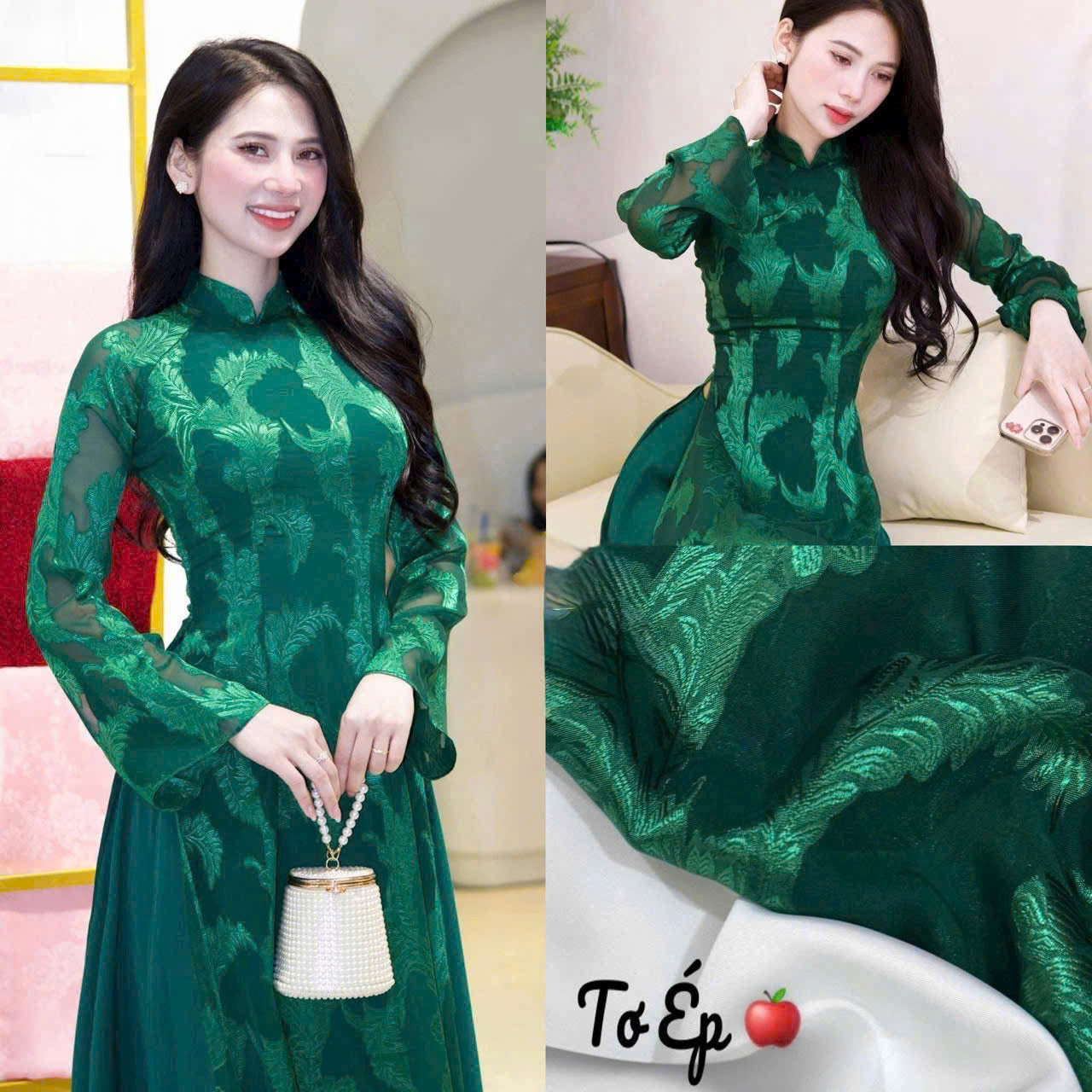K67 Áo only no pants - Áo dài dáng truyền thống 4 tà màu xanh lá