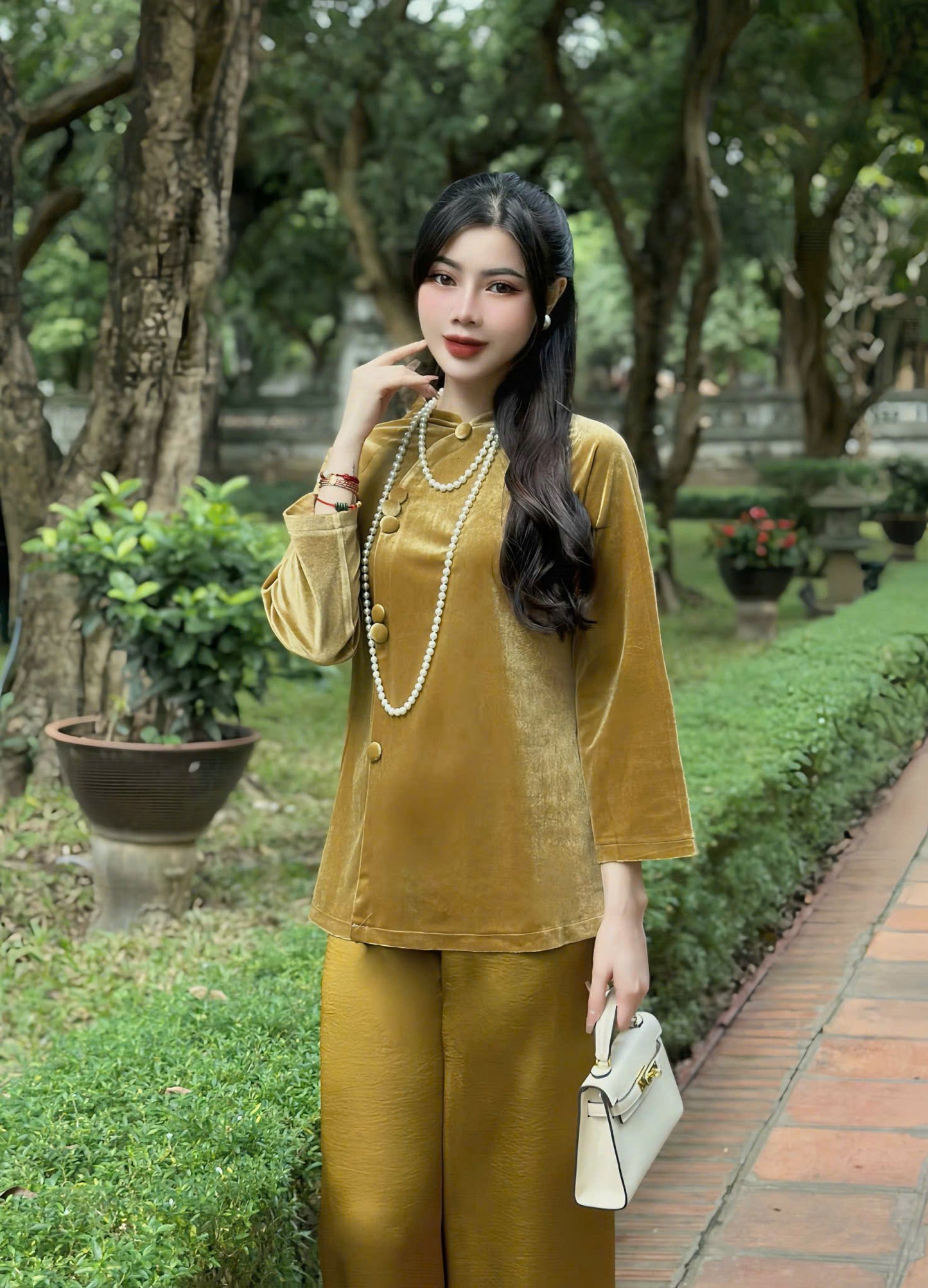 BB304 - Set bà ba áo nhung nâu quần lụa