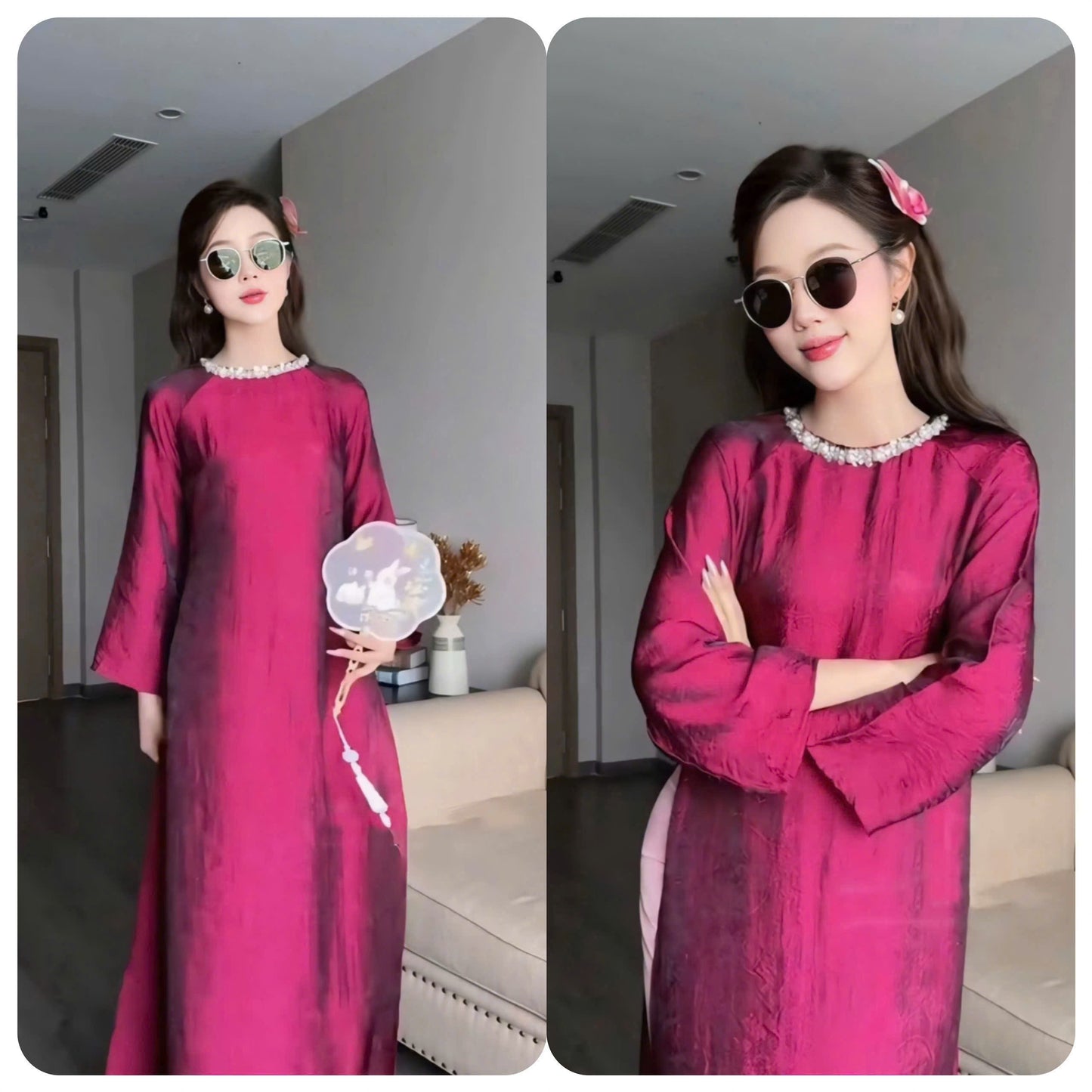 K154 Áo only no pants - Áo dài dáng suông 2 tà đính viền cổ lụa tằm ánh kim tencel màu tím cẩm