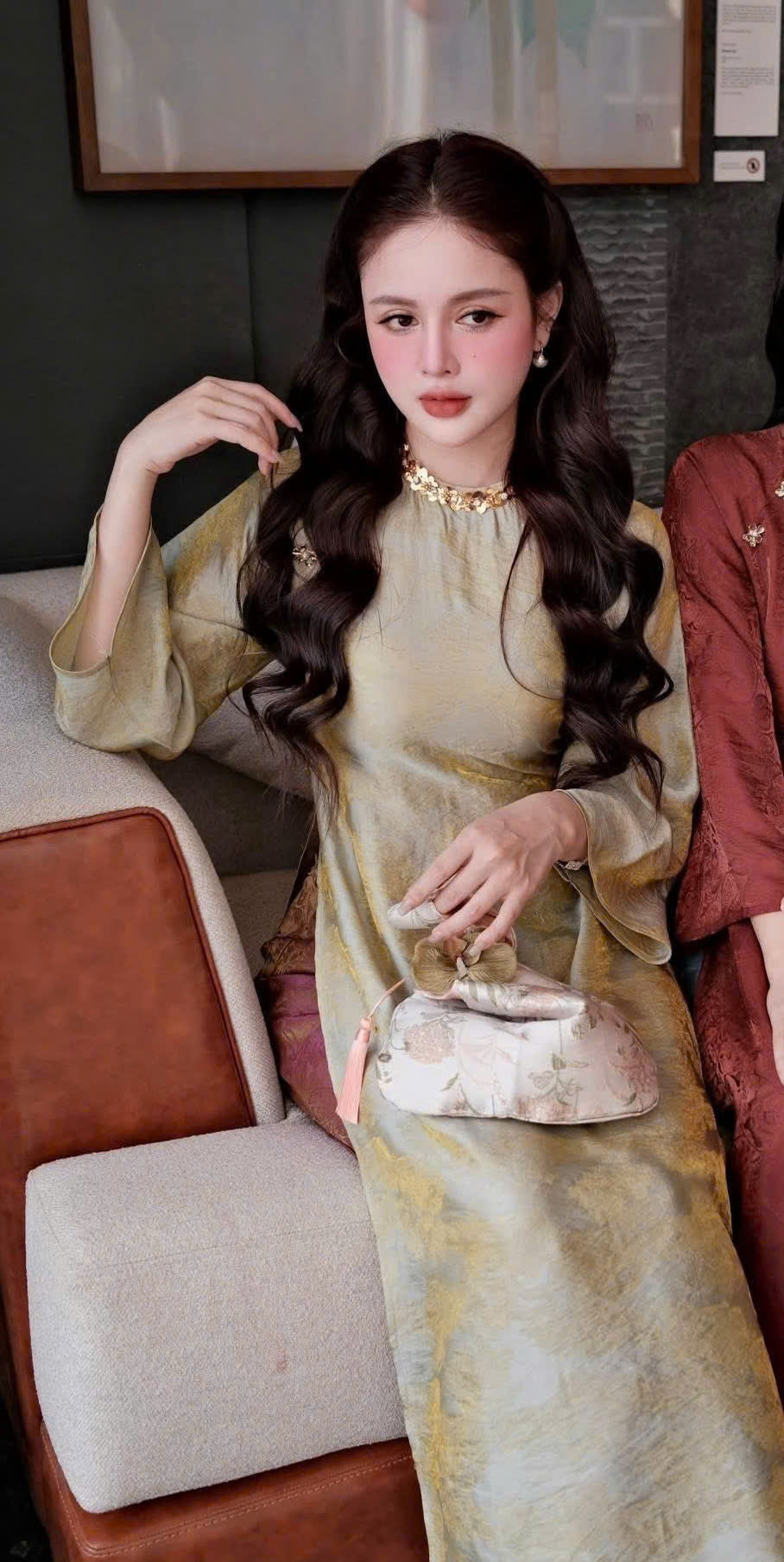 K151 Áo only no pants - Áo dài dáng suông 2 tà đính viền cổ lụa tằm ánh kim tencel
