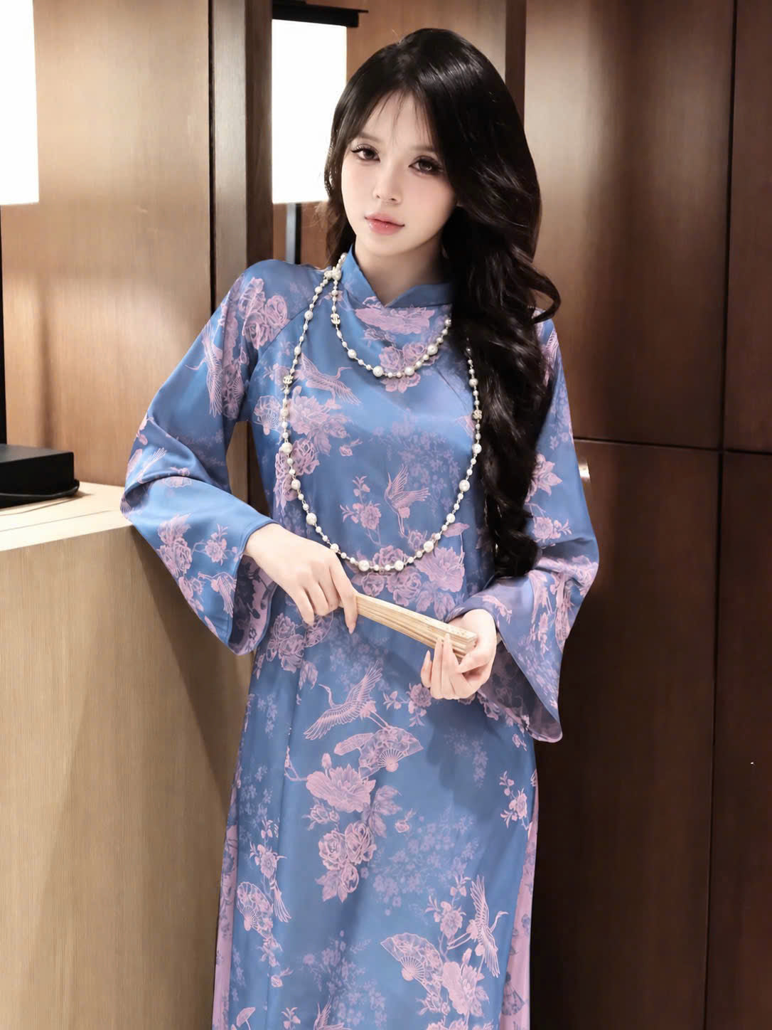 K288 Áo only no pants - Áo dài dáng suông 2 tà lụa gấm sen hạc