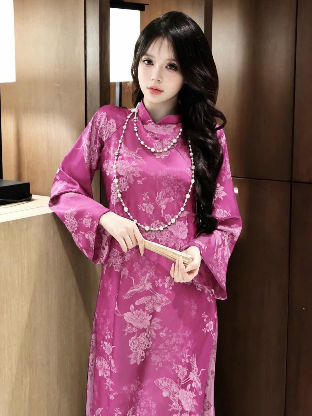 K276 Áo only no pants - Áo dài dáng suông 2 tà lụa gấm sen hạc màu hồng