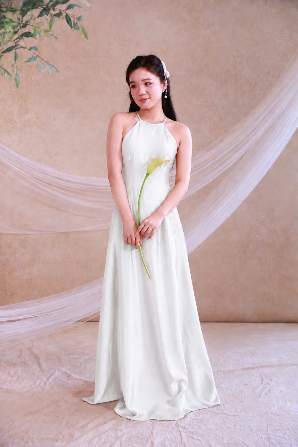 Y122 6162 Yếm only no pants - Áo dài cổ yếm lụa mỹ màu trắng