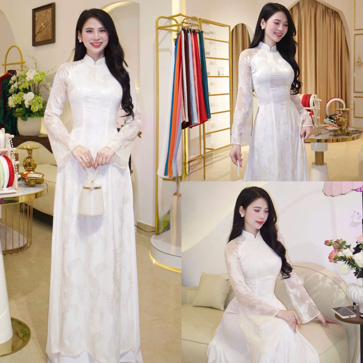 K310 6193 Áo only no pants - Áo dài nhấn eo 4 tà tơ silk màu trắng