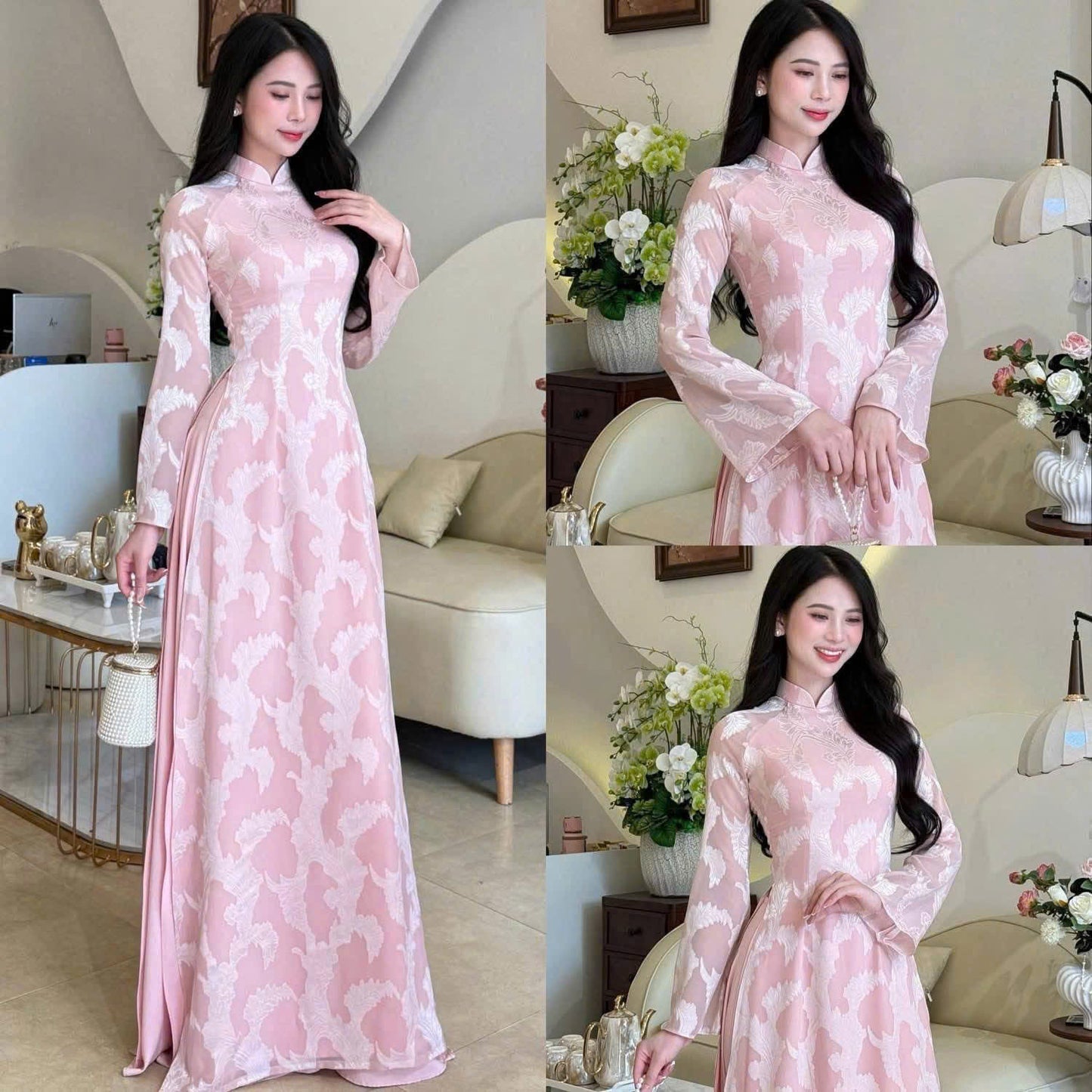 K314 6192 Áo only no pants - Áo dài nhấn eo 4 tà tơ silk màu hồng phấn