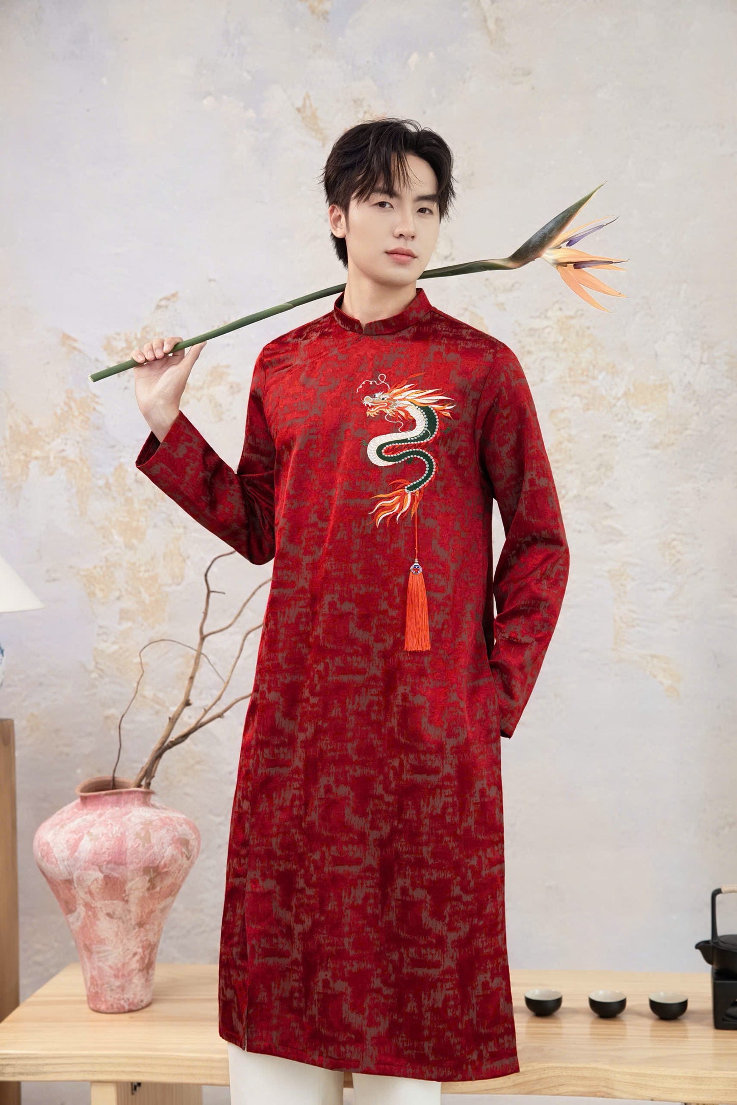 B232 6225 - Áo dài nam thêu màu đỏ
