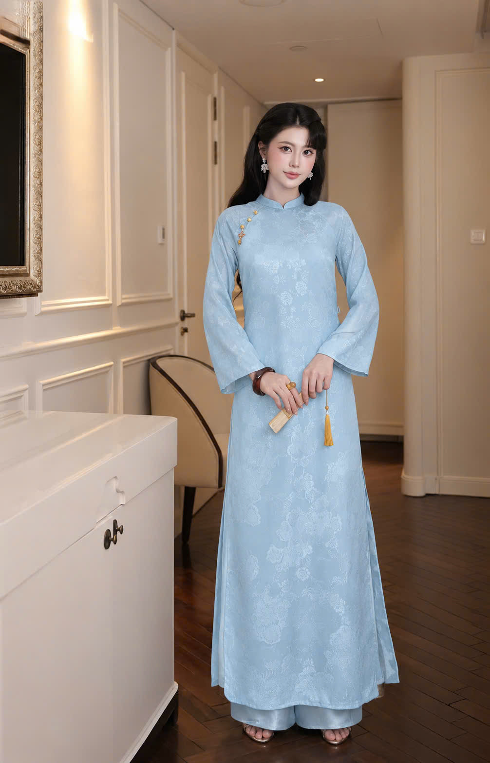 K332 6260 Áo only no pants - Áo dài dáng suông 4 tà tơ silk màu xanh blue