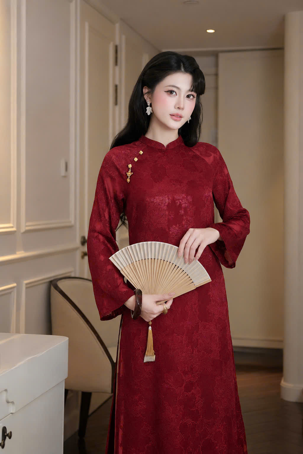 K333 Áo only no pants - Áo dài dáng suông tơ silk 4 tà màu đỏ đậm