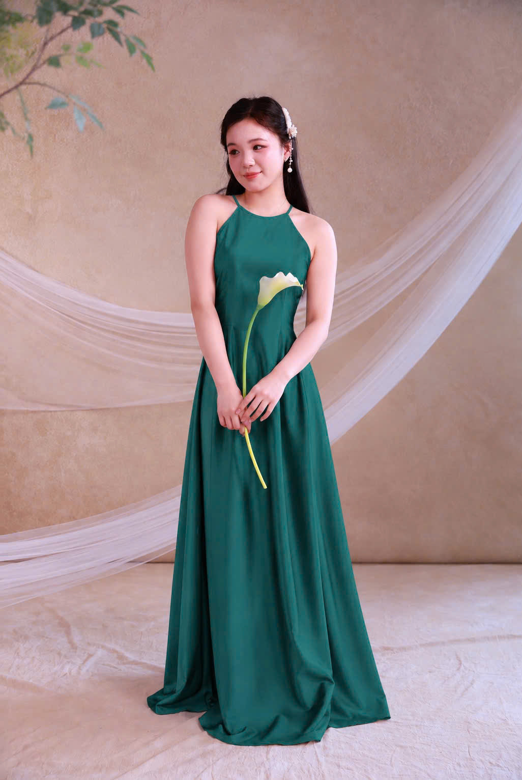 Y129 Yếm only no pants - Áo dài cổ yếm lụa mỹ màu xanh lá