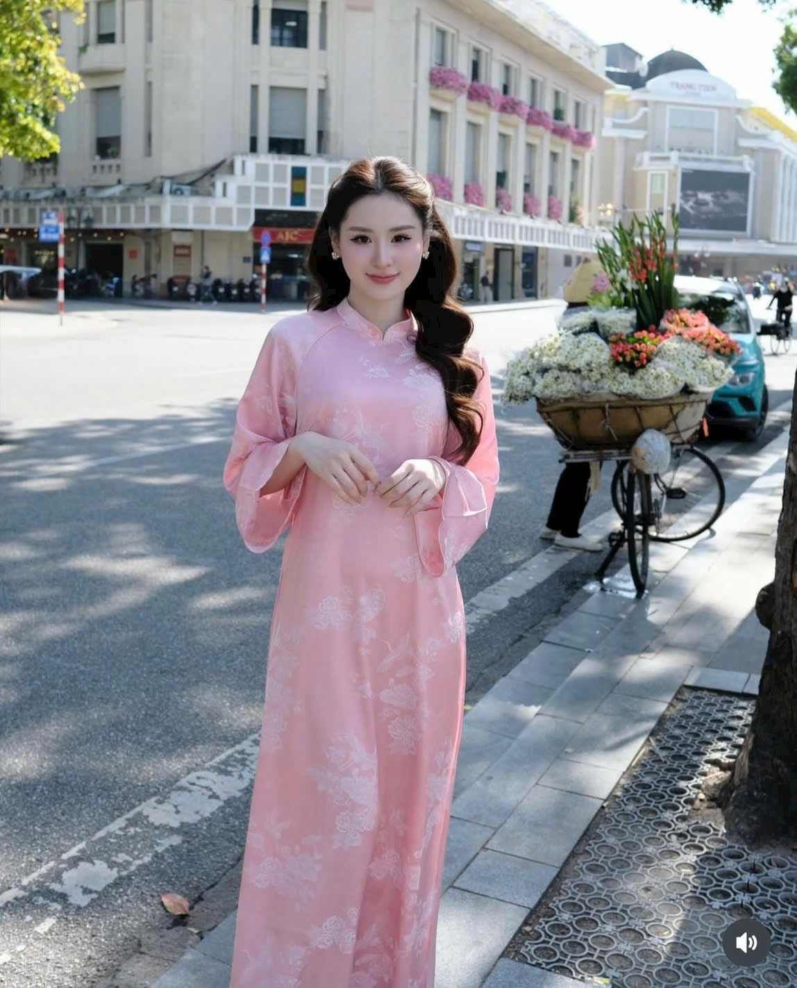 K383 6444 Áo only no pants - Áo dài dáng suông lụa sen hạc màu hồng