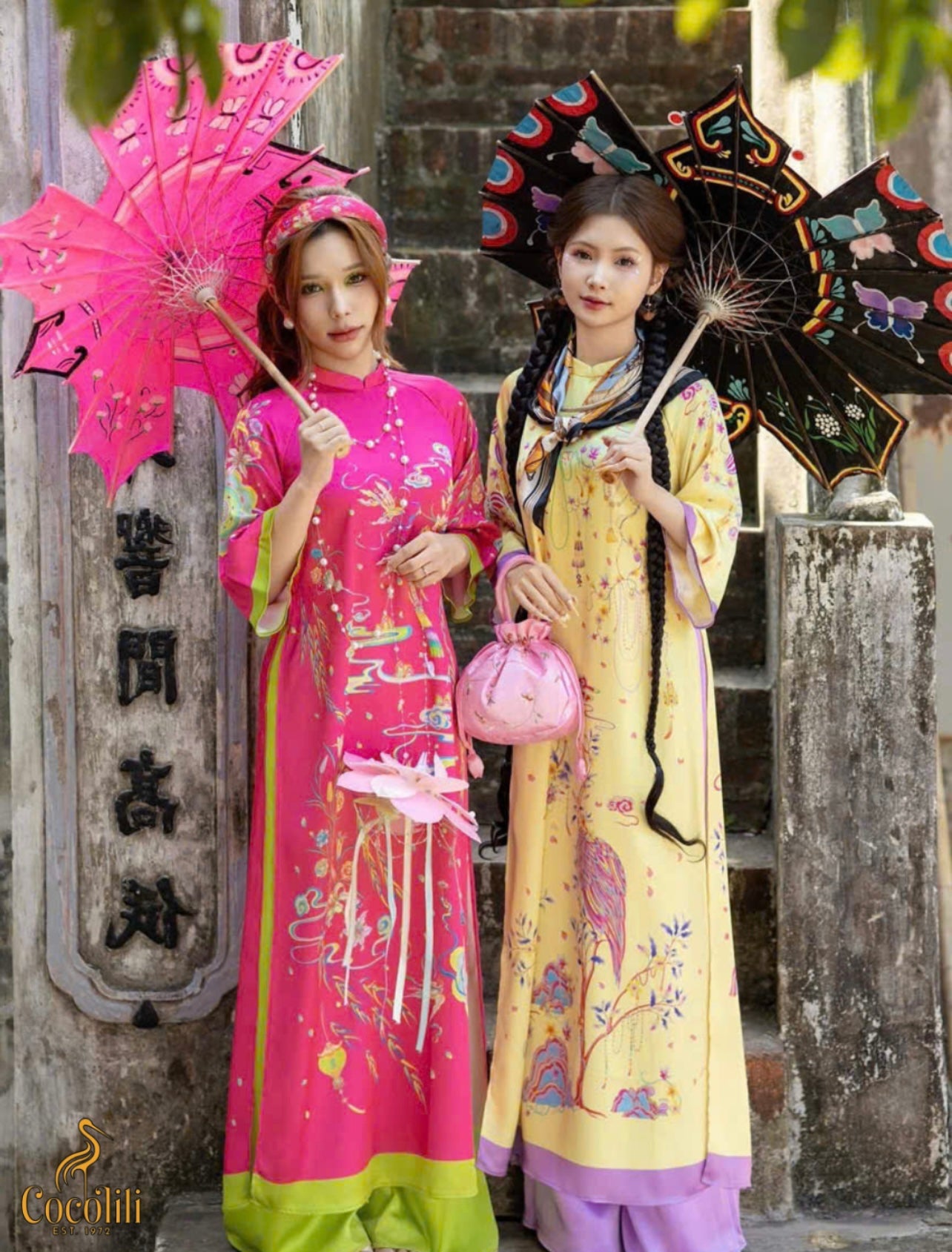 M178 2188 Áo hồng sen - Áo dài cách tân dáng suông + quần xanh lá