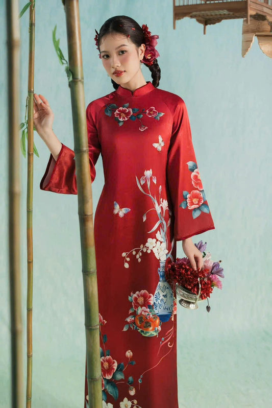 M179 Áo đỏ tươi - Áo dài cách tân hà cúc