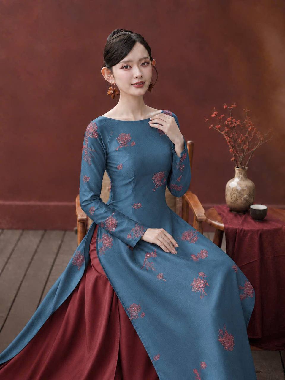 K189 Áo only no pants - Áo dài dáng truyền thống chiết li eo lụa tằm sen dạ cúc cổ thuyền màu xanh cổ vịt