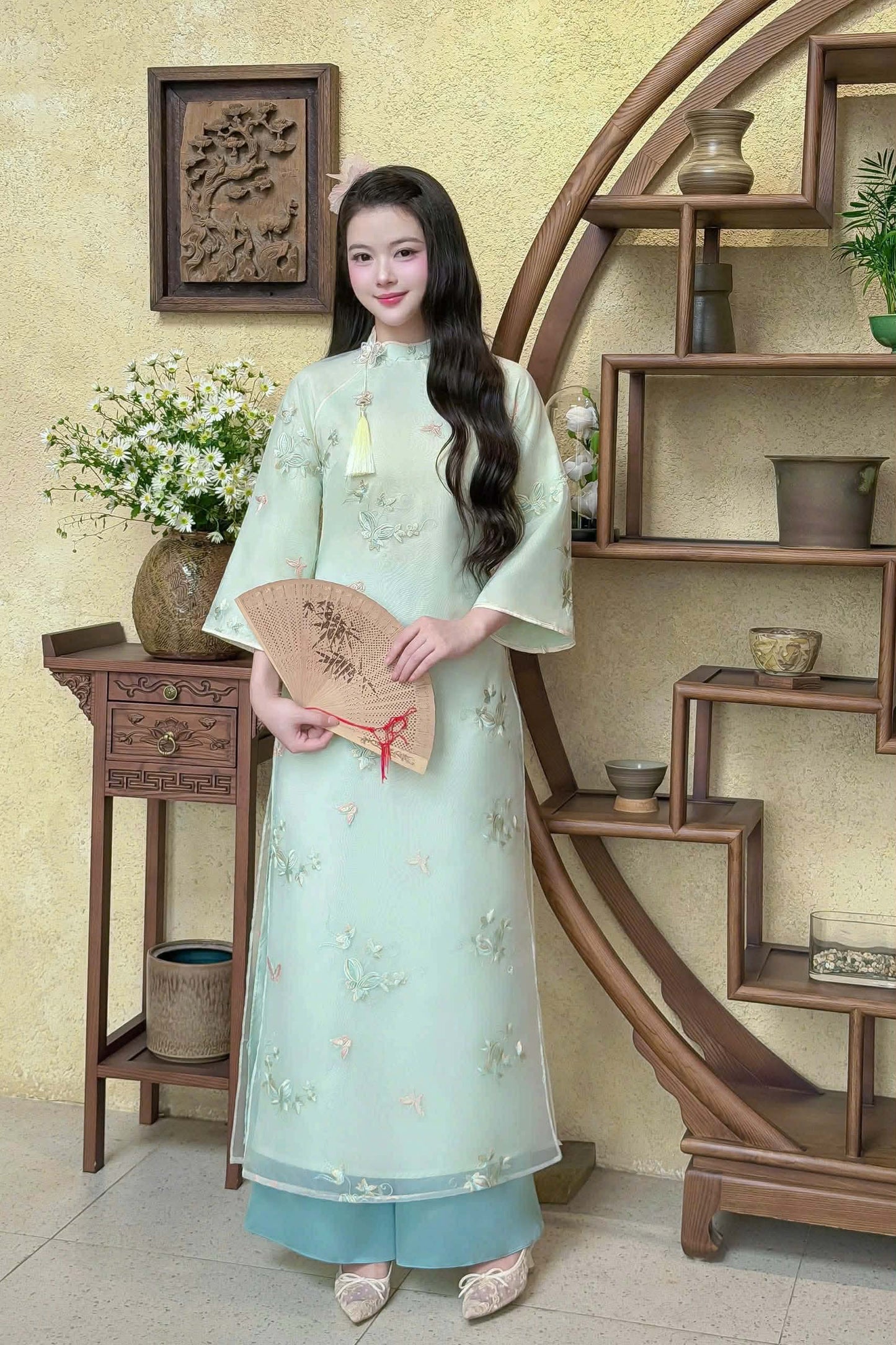 M507 3615 Áo + quần lụa - Áo dài tơ thêu 4 tà màu xanh
