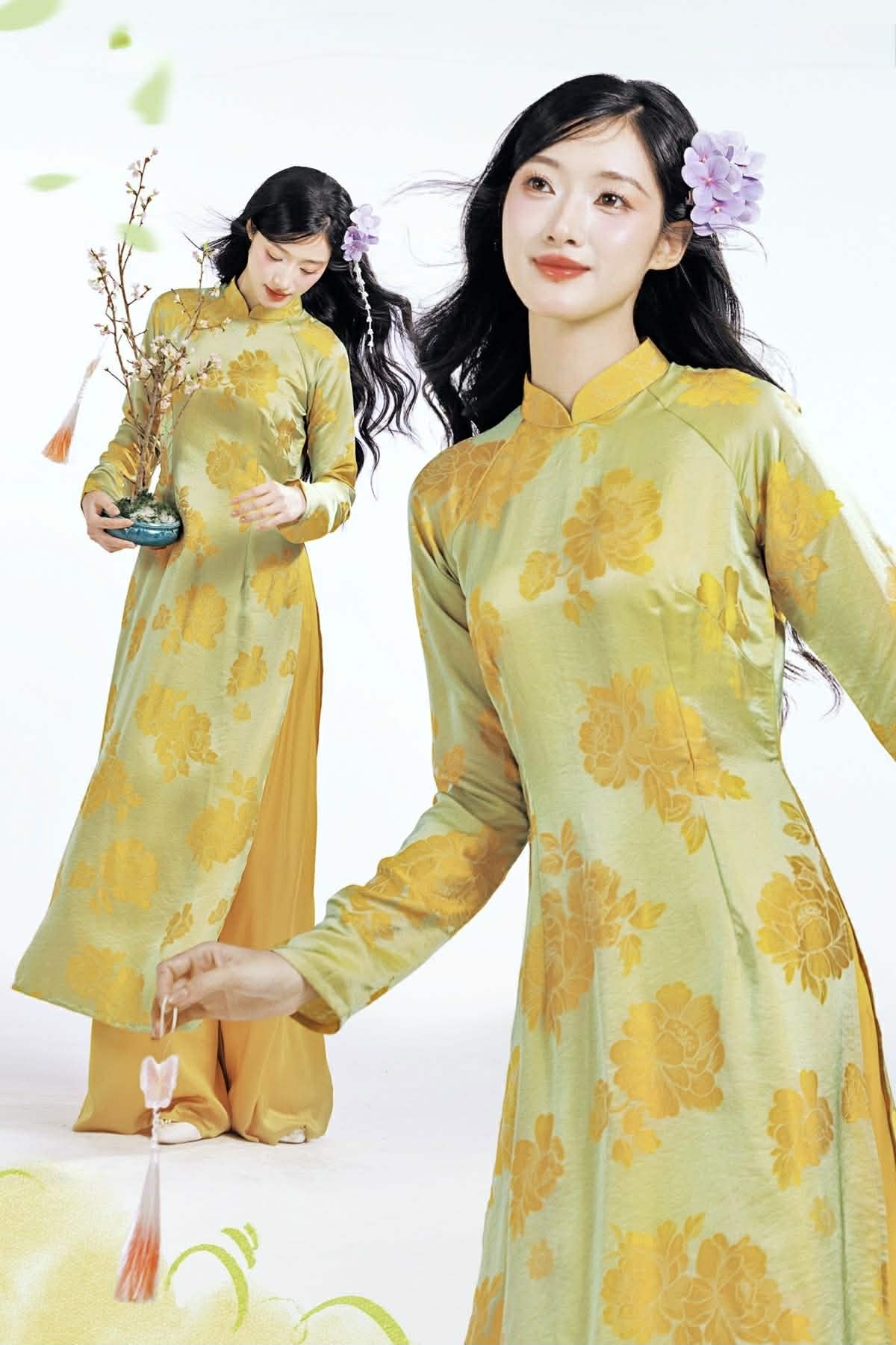 H591 3610 Áo only no pants - Áo dài lụa tằm silk óng quý châu màu xanh lá ánh vàng dài 140cm