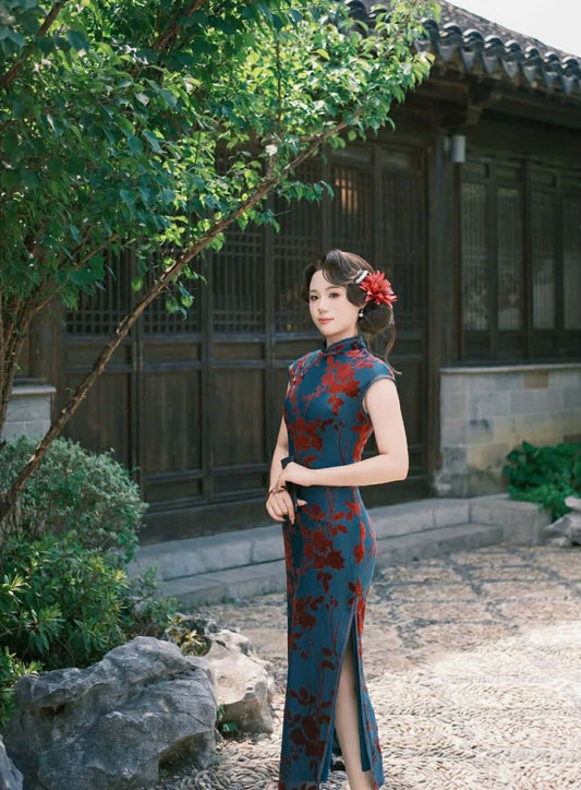 SX10 3752 - Sườn xám lửng lam đào