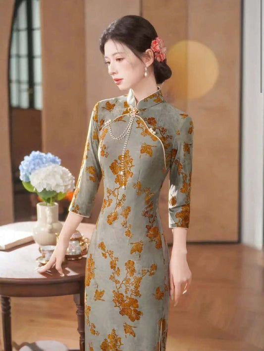 SX01 3743 - Sườn xám dài hoa trà