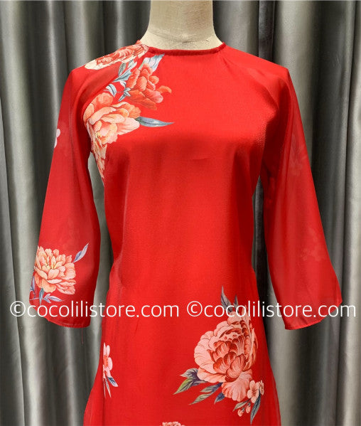 CT58 4200 only áo - Áo dài cách tân đỏ tơ 4 tà in 3D