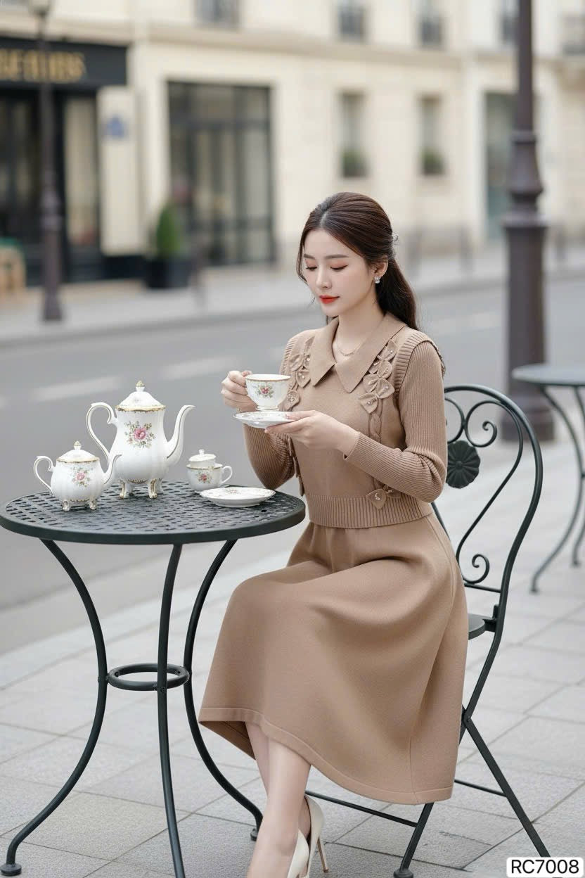 DRESS Rc7008 Set áo ghile len màu nâu