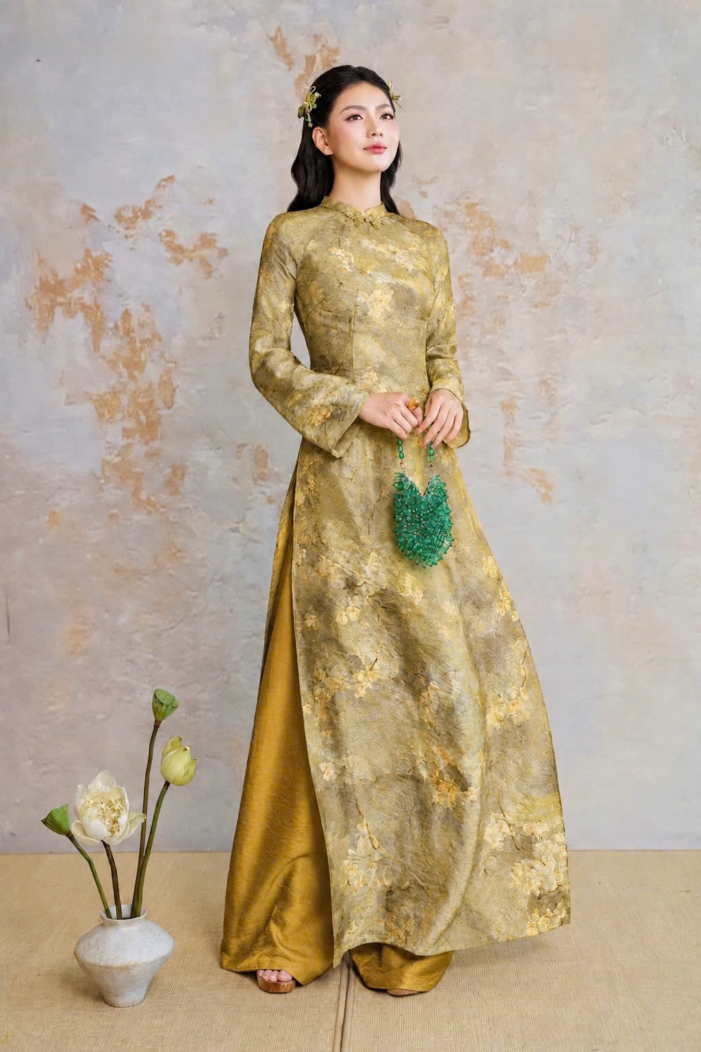 K303 6048 Áo only no pants - Áo dài chiết eo lụa tằm màu xanh cốm