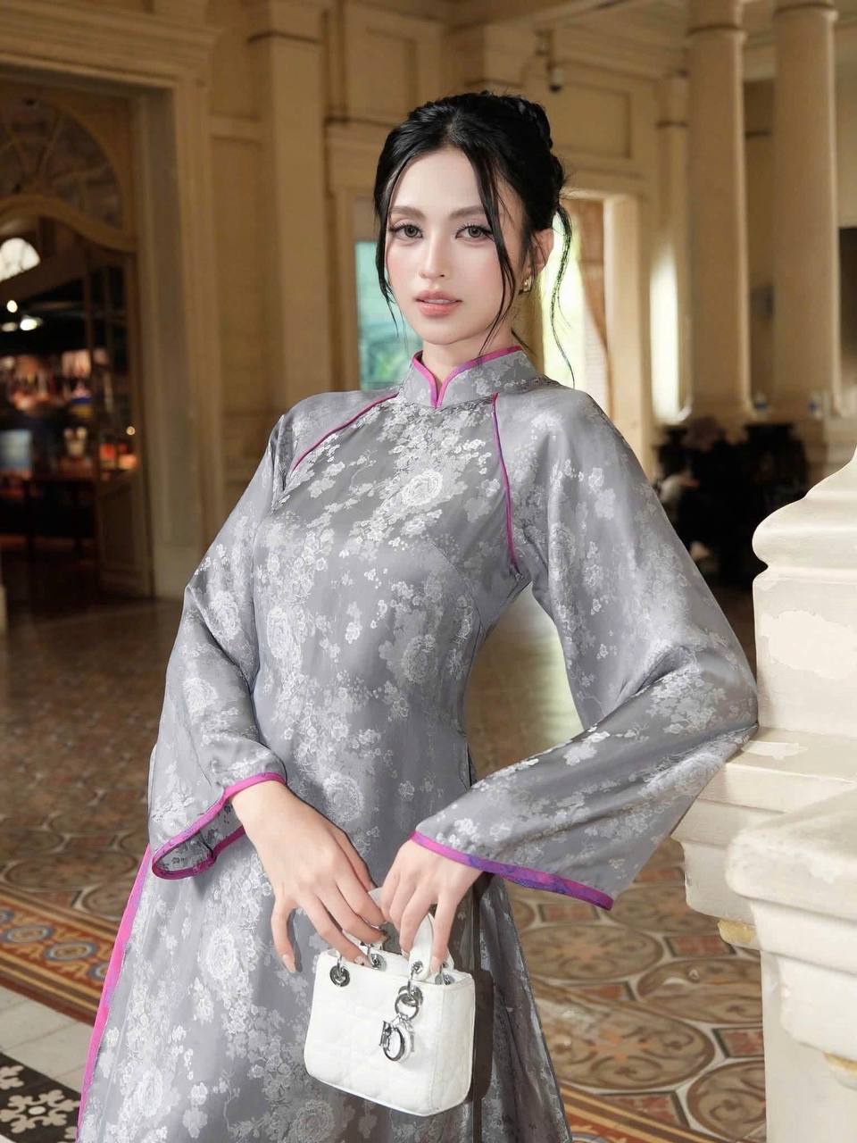 K278 Áo + quần cùng chất - Áo dài dáng suông lụa gấm màu xám