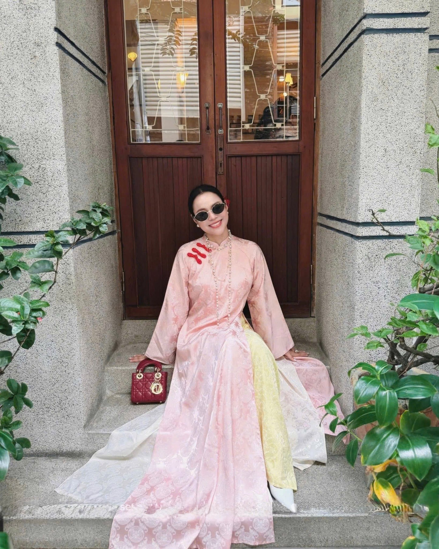 M255 2082 Áo + quần - Áo dài dáng suông 4 tà gấm thọ dơi kèm quần cùng chất