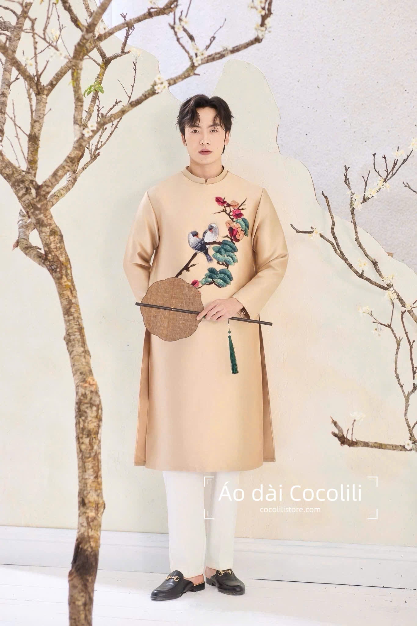 M225 2415 Áo only - Áo dài nam tafta thêu màu kem