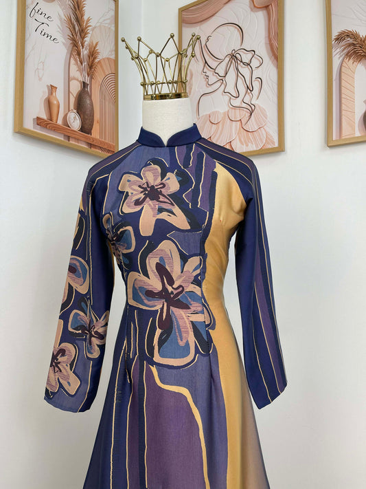 H425 1772 Áo only - Áo dài lụa kim sa phú quý màu tím vàng