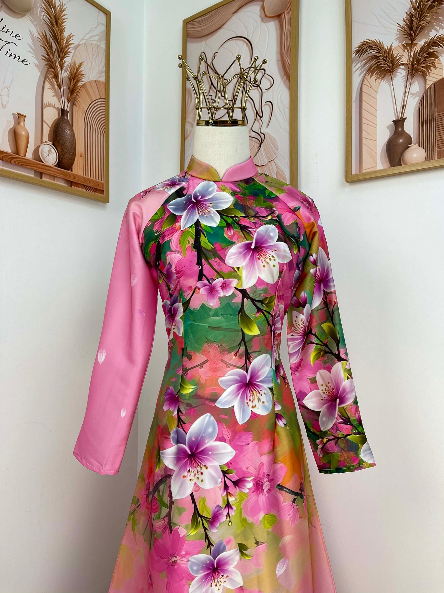 H441 1780 Áo only - Áo dài lụa kim sa phú quý màu hồng in hoa