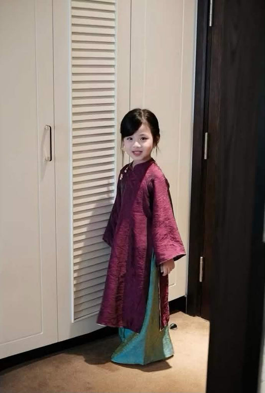 BG129 Áo + quần - Áo dài bé gái lụa tằm ánh kim tencel