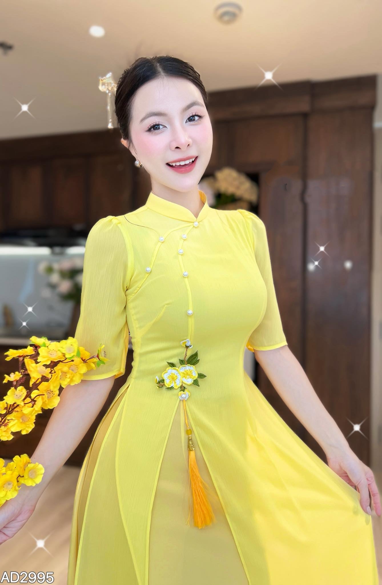 AD2995 2384 Áo VÀNG + quần - Áo Dài 4 tà CÀNH LỘC XUÂN