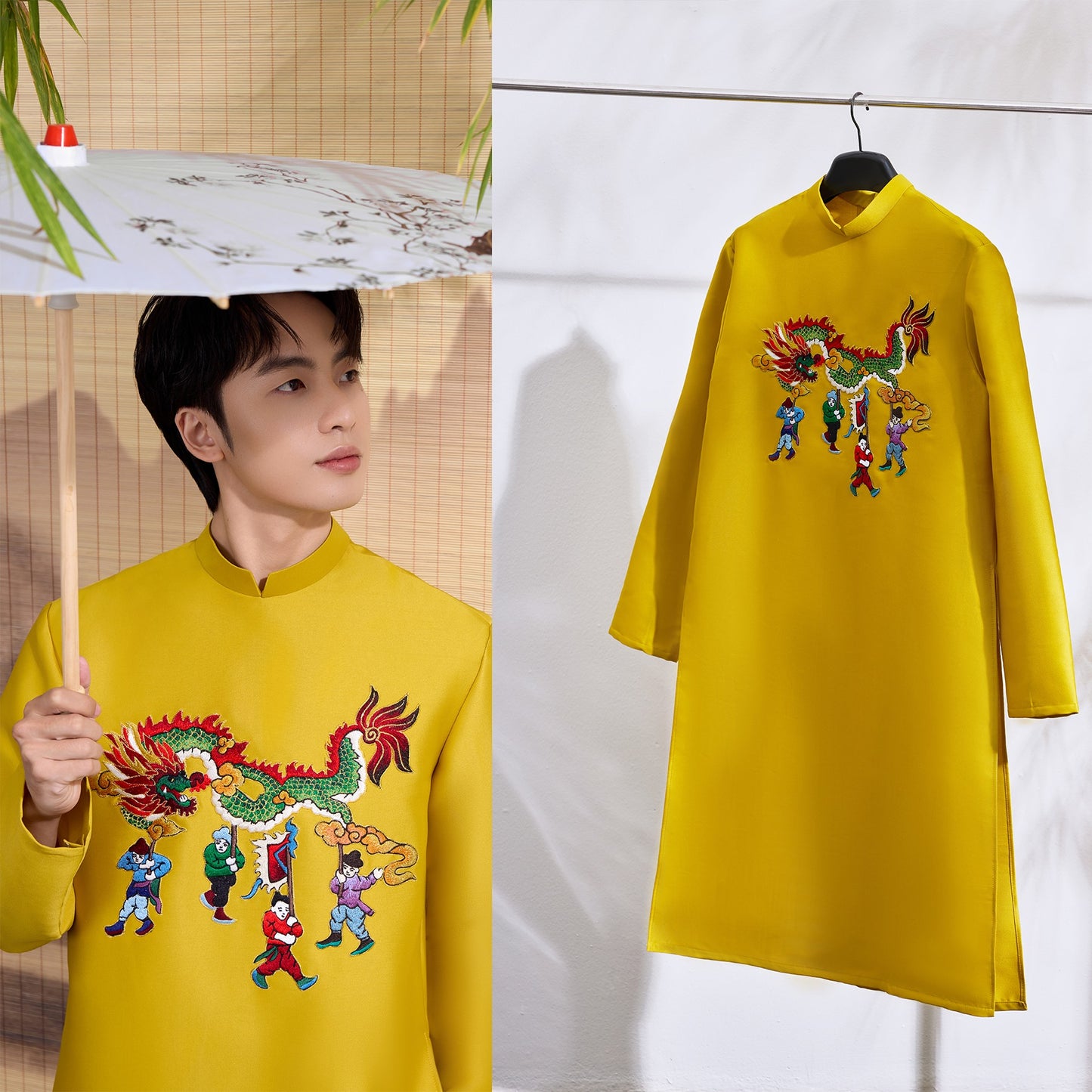 B87 - Áo dài nam vải vân nổi thêu cao cấp màu vàng