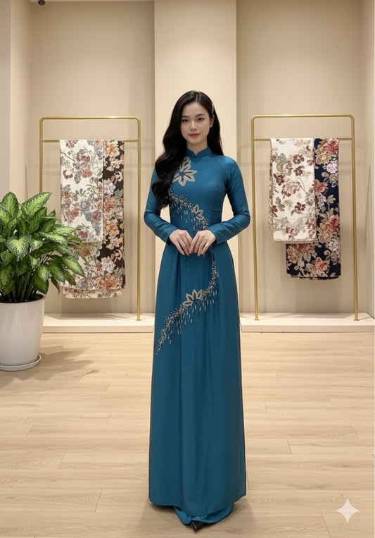 S227 Áo only - Áo dài lụa indo đính kết hoa dây màu xanh