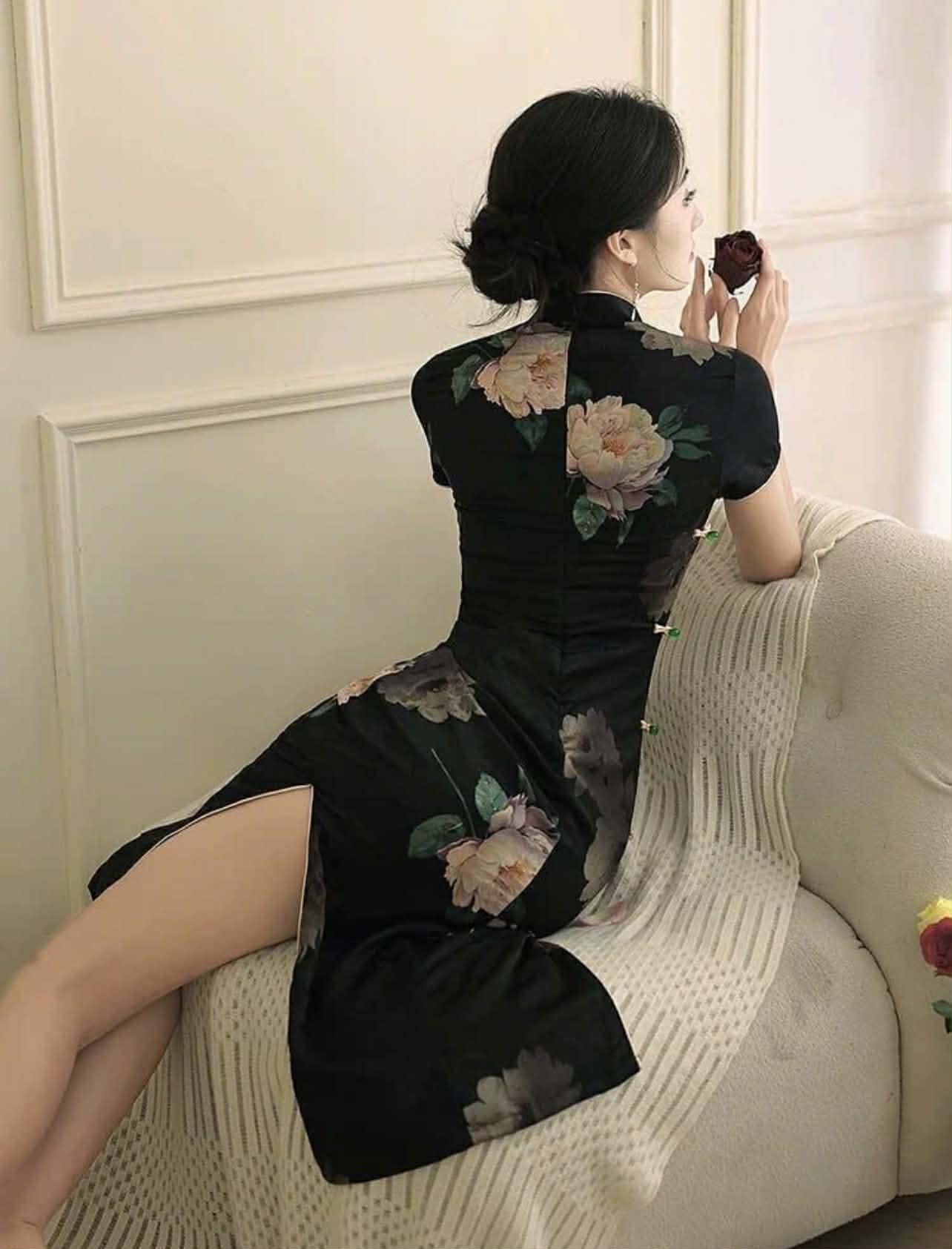 SX04 3746 - Sườn xám lửng tĩnh mặc