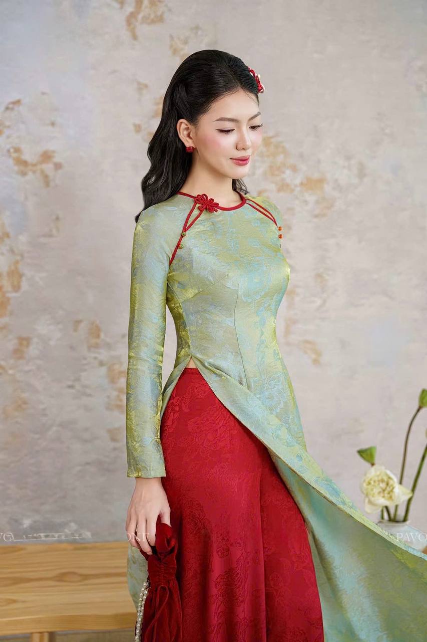 K256 Áo only no pants - Áo dài dáng truyền thống chiết eo 2 tà lụa tằm ánh kim tencel