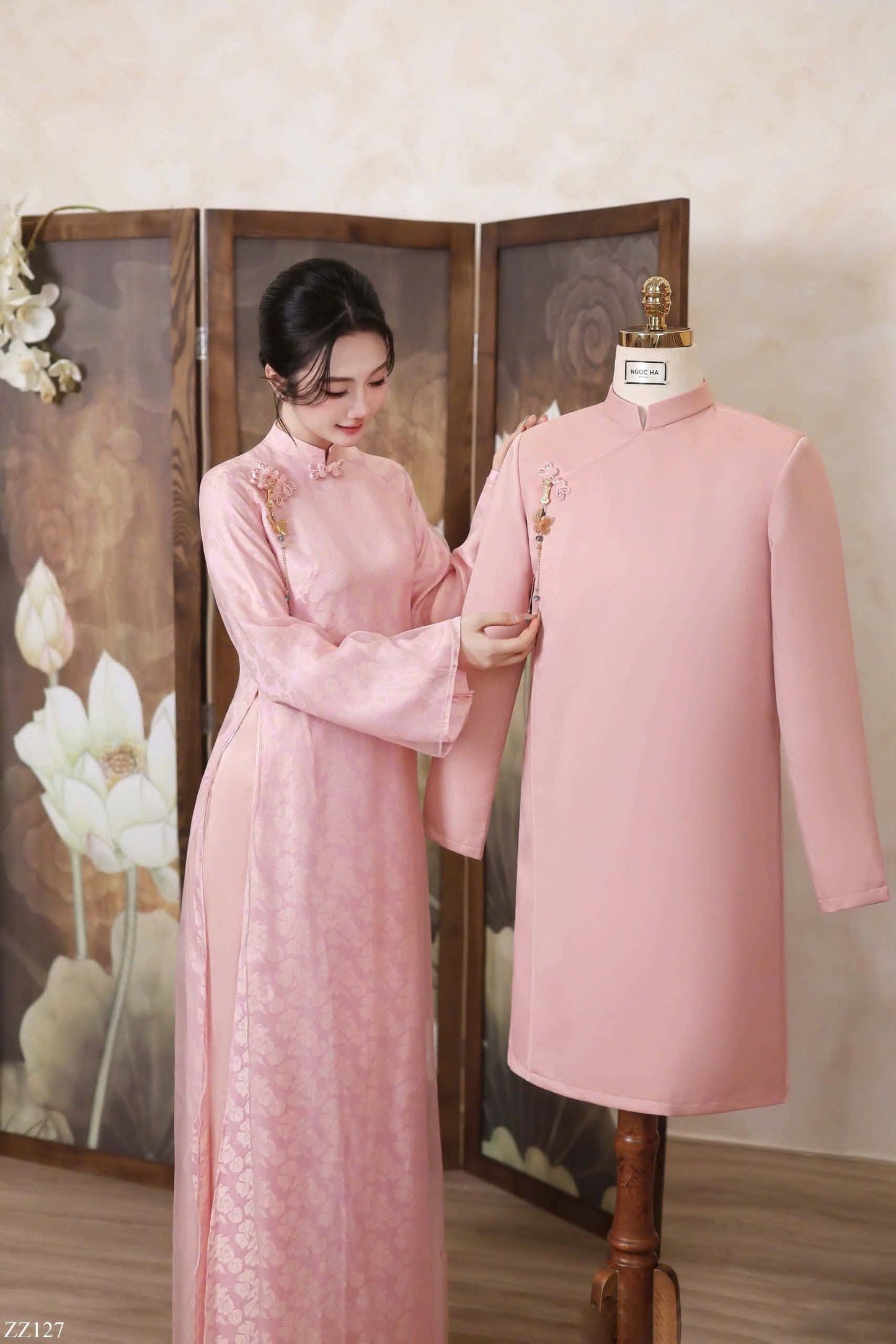 K367-6432 Áo only no pants - Áo dài dáng suông 4 tà tơ lót lụa màu hồng