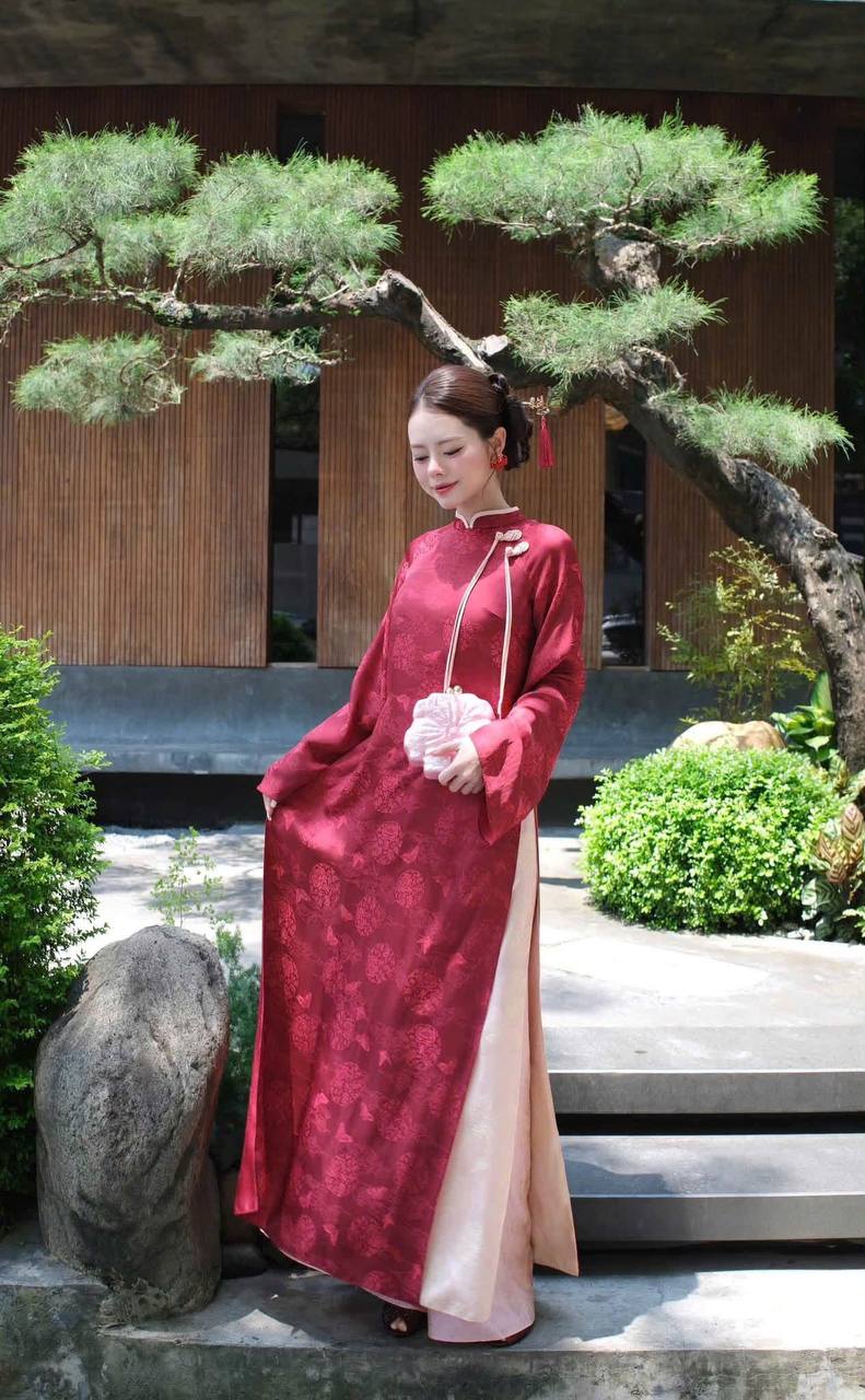 K175 Áo only no pants - Áo dài dáng suông 4 tà lụa tằm màu đỏ