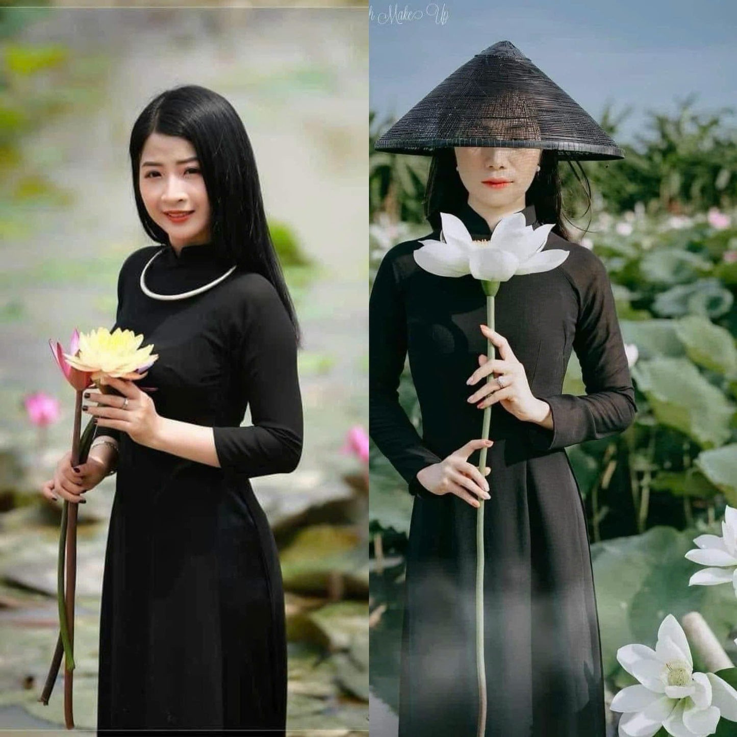 C04 Áo + quần - Áo dài lụa chiffon 4 tà màu đen trơn cổ cao 3cm