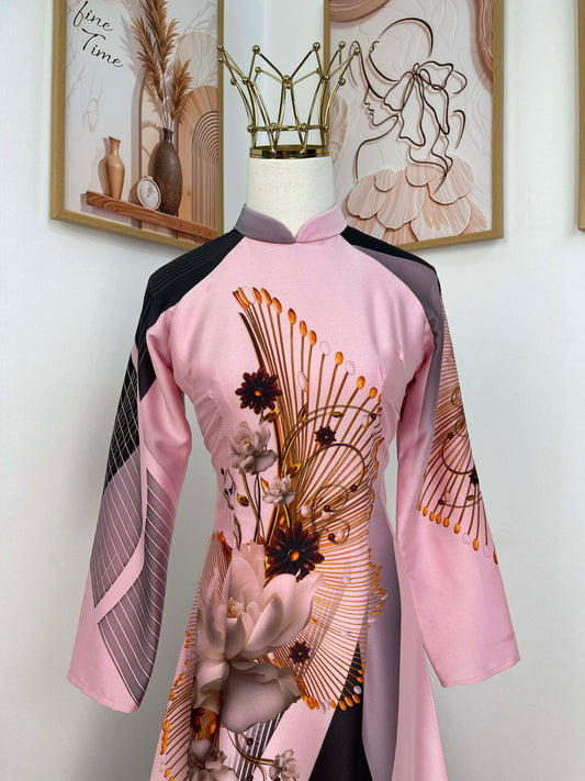 H433 1779 Áo only - Áo dài lụa kim sa phú quý màu hồng