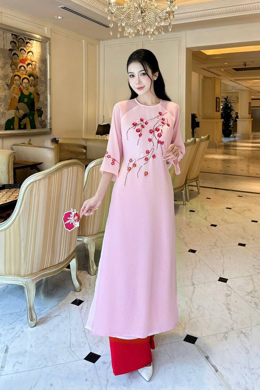 K108 Áo only no pants - Áo dài cách tân tơ 4 tà thêu hoa đào màu hồng