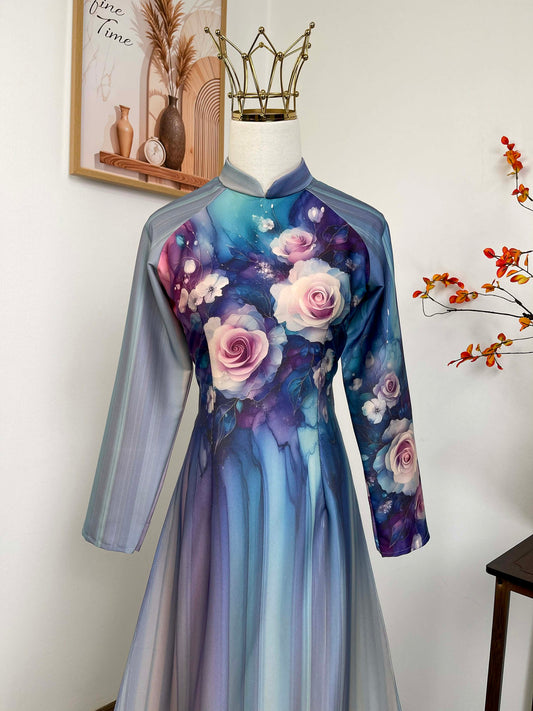 H464 1914 Áo only - Áo dài lụa ánh sao màu xanh dương