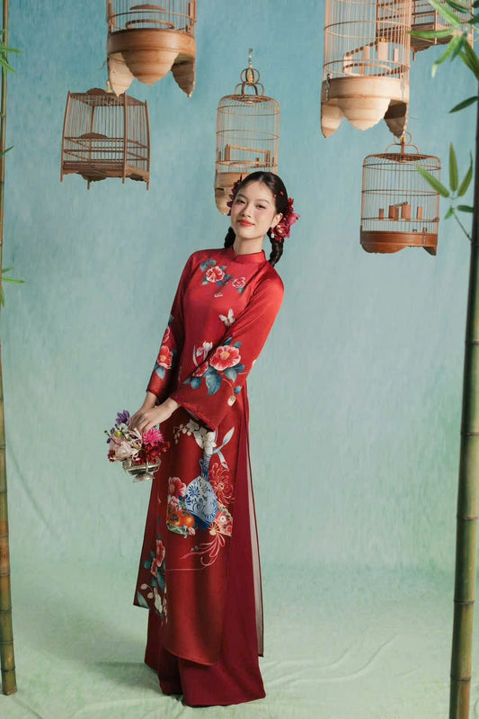 M179 Áo đỏ tươi - Áo dài cách tân hà cúc