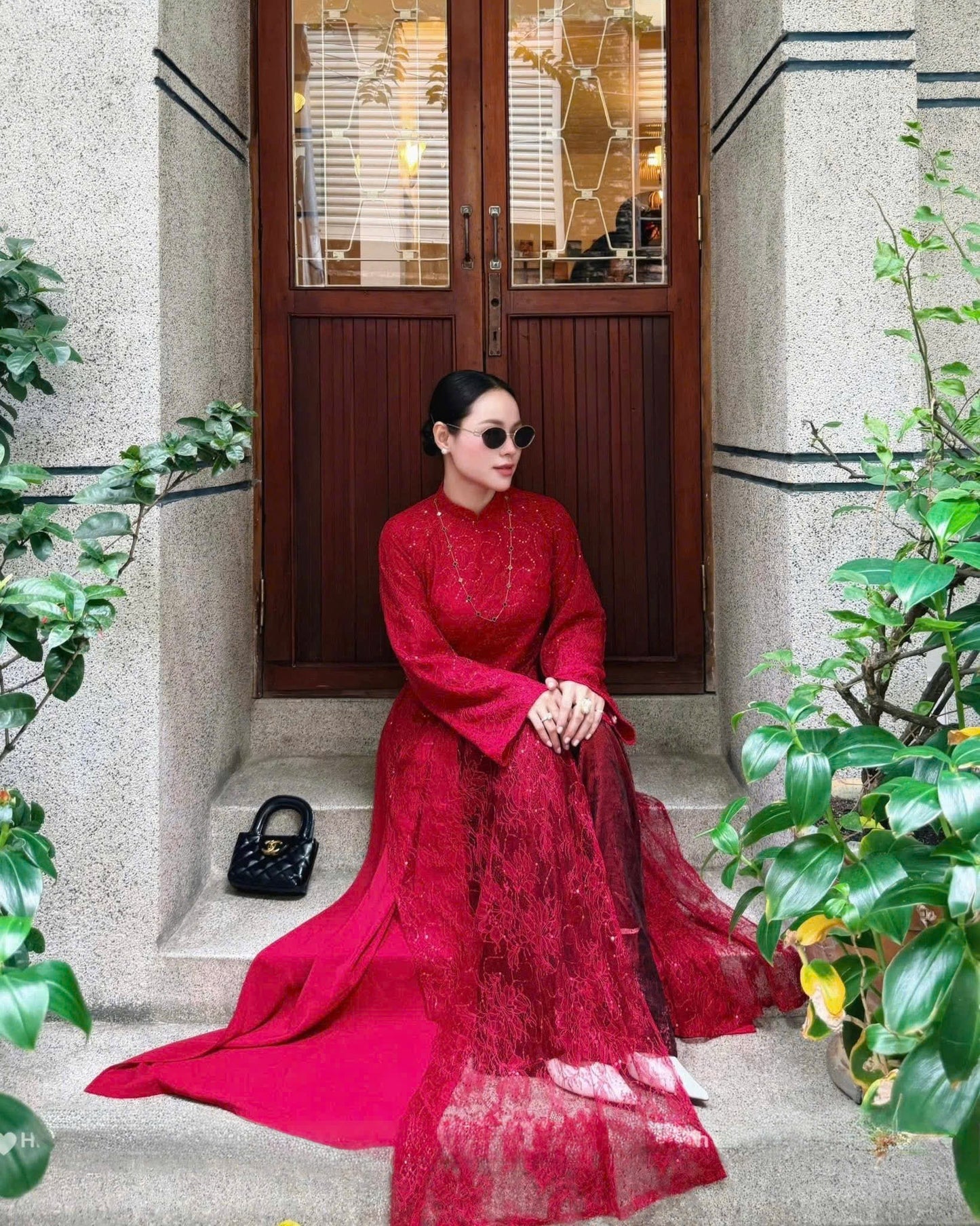 M257 Áo + quần nhũ đỏ - Áo dài ren 4 tà kèm quần nhũ màu đỏ