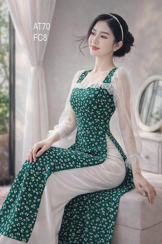 AD8073 Áo Dài vải tăm tay lưới xanh