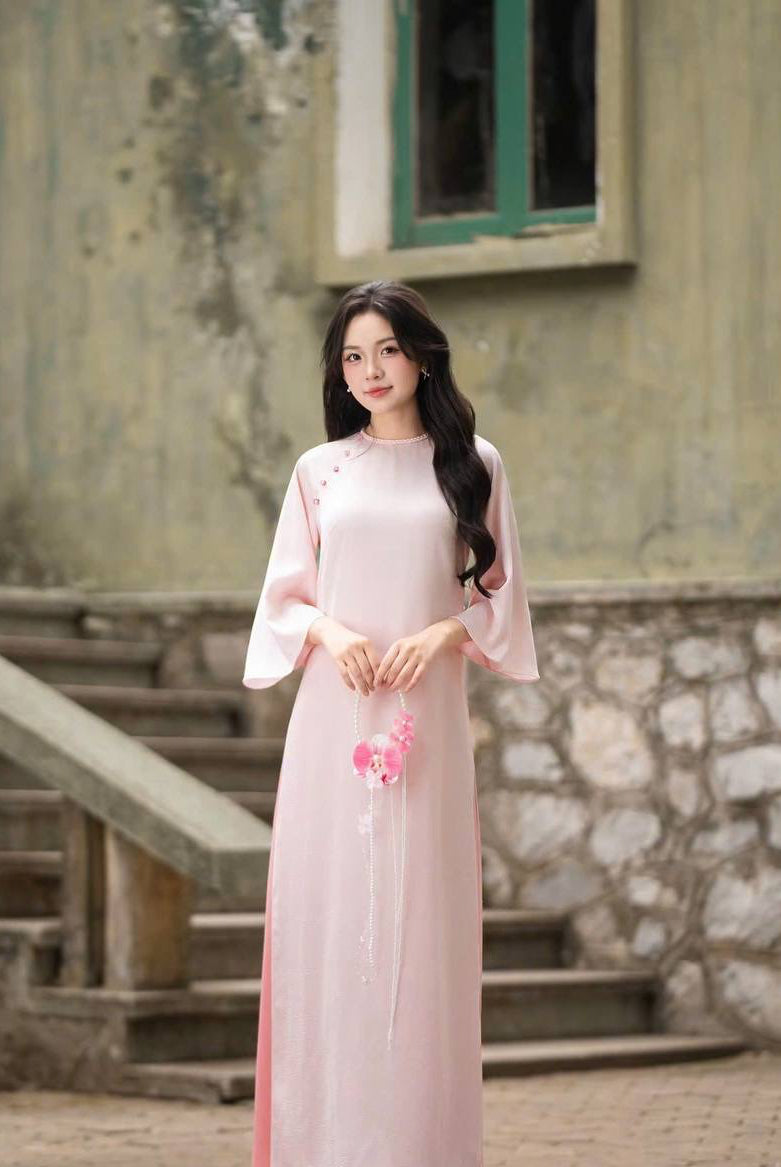 K86 5249 Áo only no pants - Áo dài dáng suông 2 tà màu hồng phấn