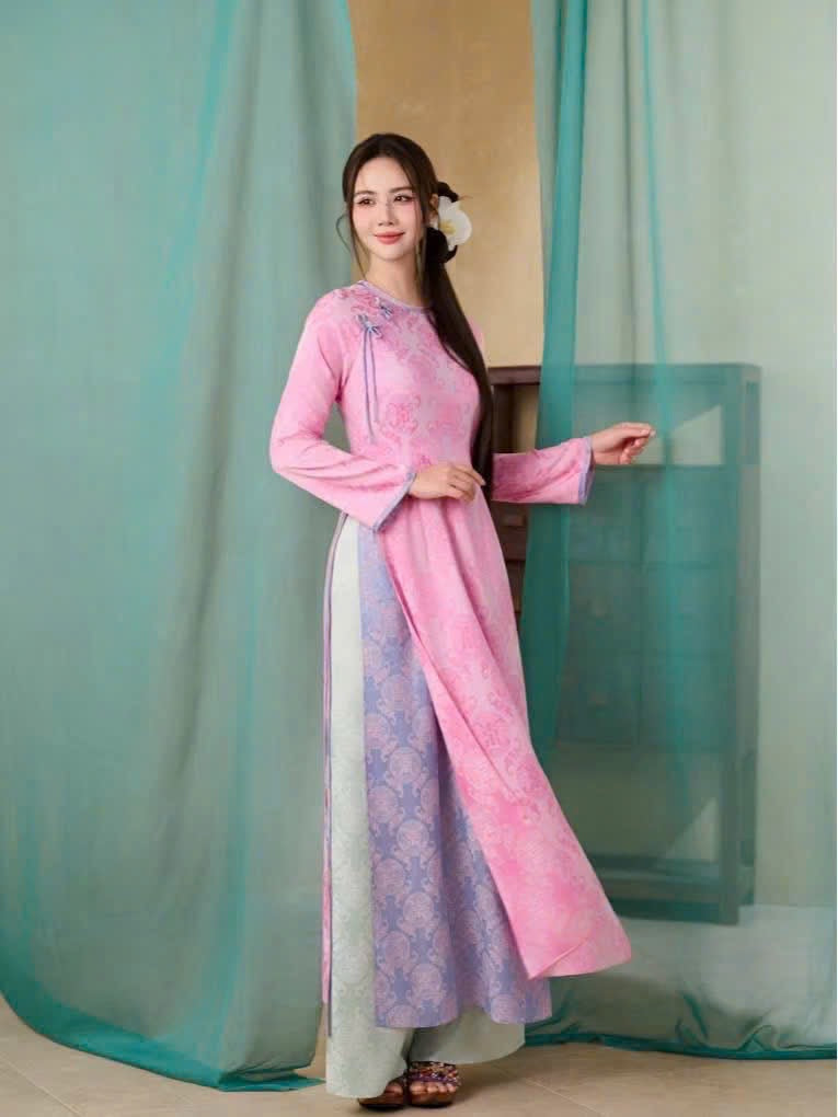 M602 4826 Áo + quần cùng chất - Áo dài dáng truyền thống chiết li eo 4 tà lụa gấm thọ dơi