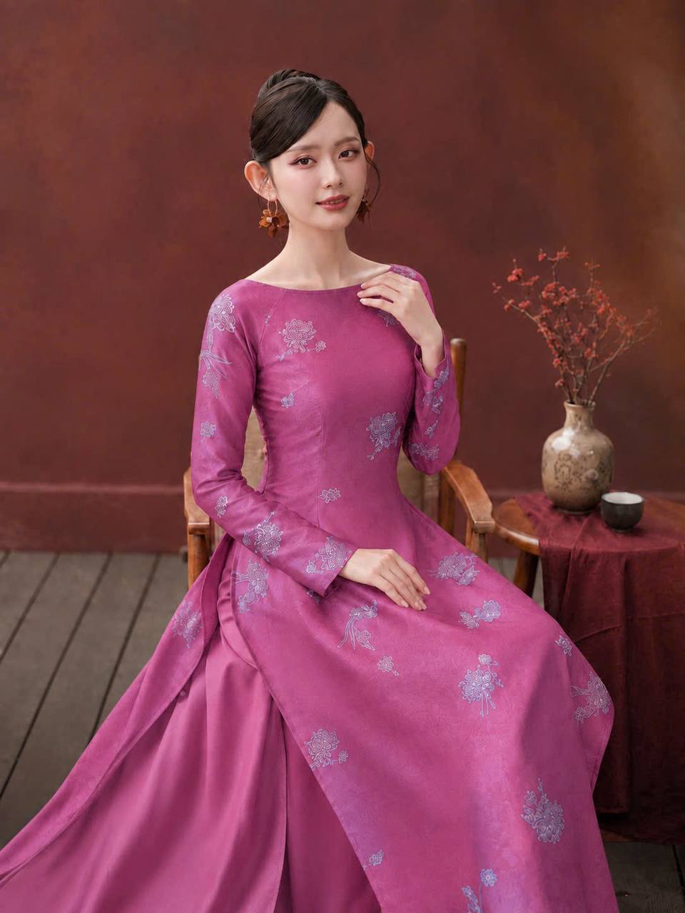 K187 Áo only no pants - Áo dài dáng truyền thống chiết li eo lụa tằm sen dạ cúc cổ thuyền màu hồng sen